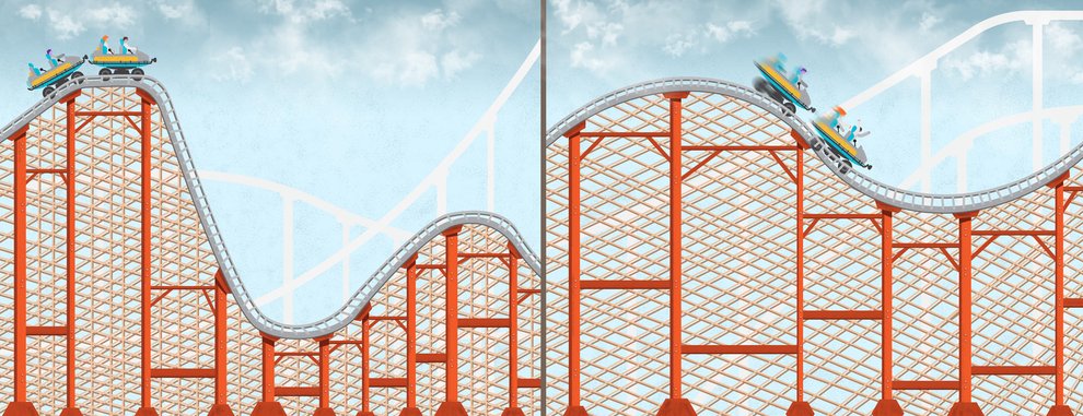 Side by side illustration of a roller coaster. On the left a coaster sits at the top about to go down a drop. On the right, the coaster speeds down a drop.