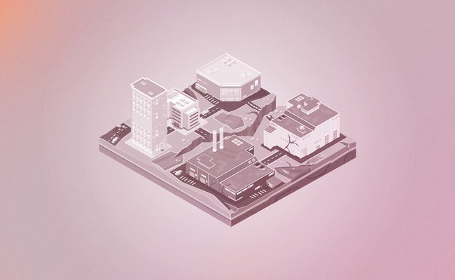 Illustration of city buildings and roads with the ground broken from an earthquake