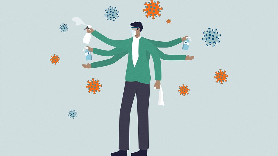 Illustration of man wearing mask and goggles with a spray bottle in hand, misting oversized illustrated coronaviruses