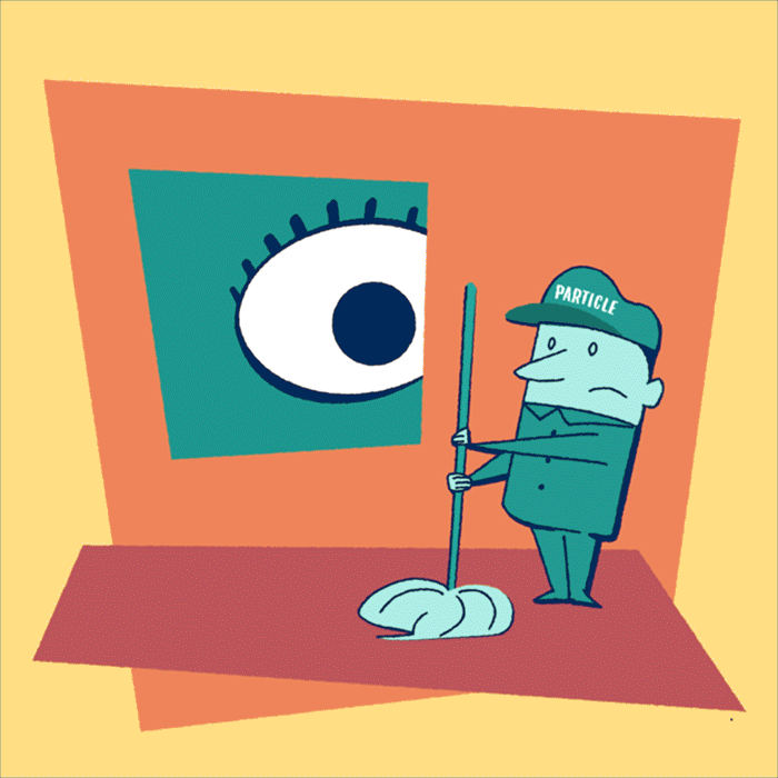 Animation of illustrated guy dancing with a wave shirt, then an eye looks through a window and he straightens up and has a mop in his hand and a hat that says particle