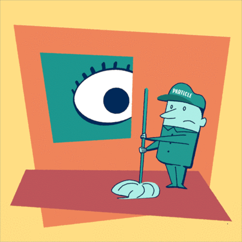 Animation of illustrated guy dancing with a wave shirt, then an eye looks through a window and he straightens up and has a mop in his hand and a hat that says particle