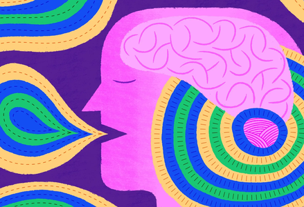 Colorful illustration of a pink human profile with a visible brain. Vibrant concentric patterns in green, blue, and yellow radiate from the brain and mouth, symbolizing speech, thought, and neural activity against a purple background.