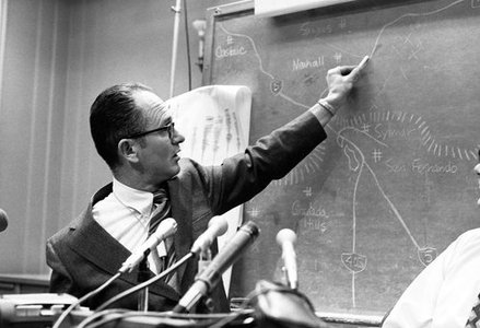Clarence Allen answers questions about the San Fernando Earthquake during a press conference at the Seismological Laboratory on February 10, 1971.
