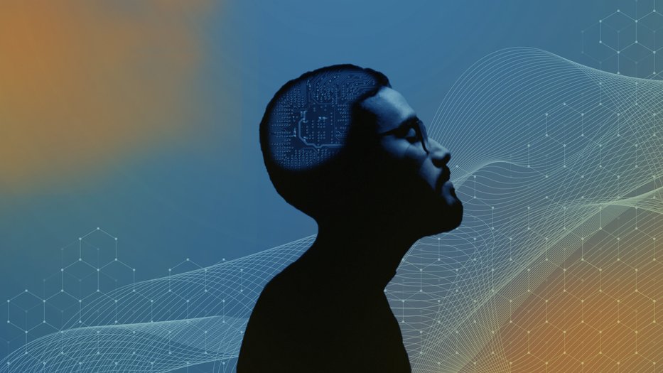 computer chip shown through circuitry within a man's brain