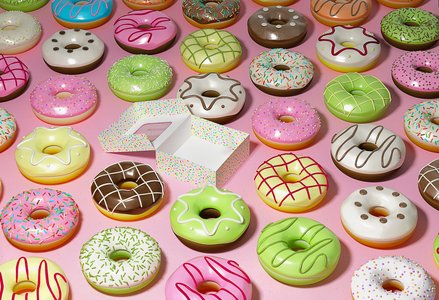 An assortment of colorful donuts with various icing designs, sprinkles, and patterns arranged on a pink background. An open donut box with a sprinkle pattern sits among the donuts, emphasizing their vibrant presentation.