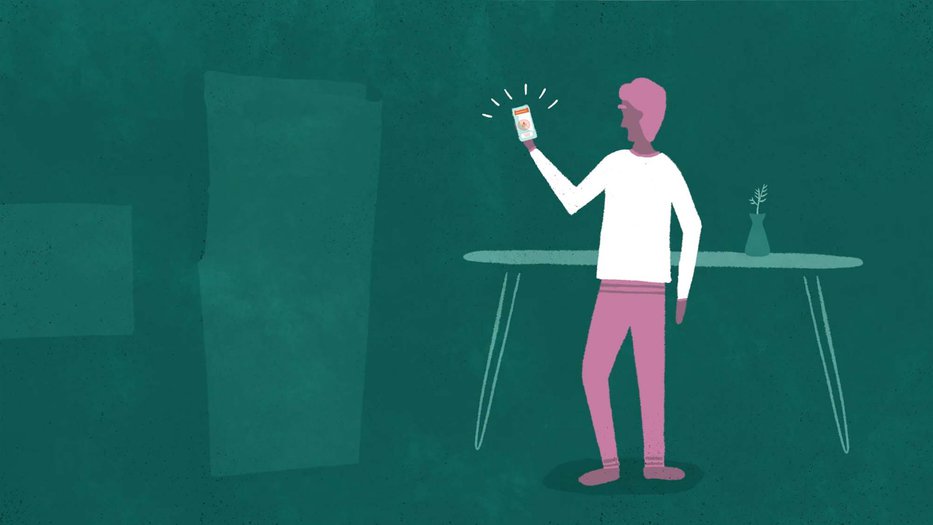 Illustration of male figure holding a cell phone that is getting an alert