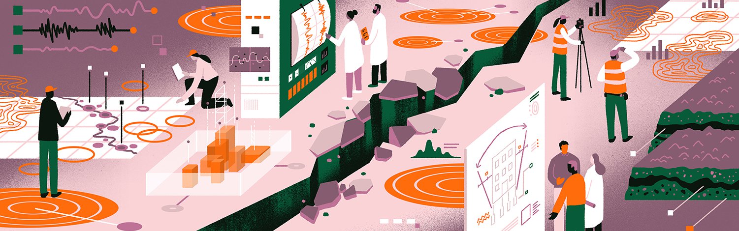 Illustration of fault line in the earth, scientists reading seismographs