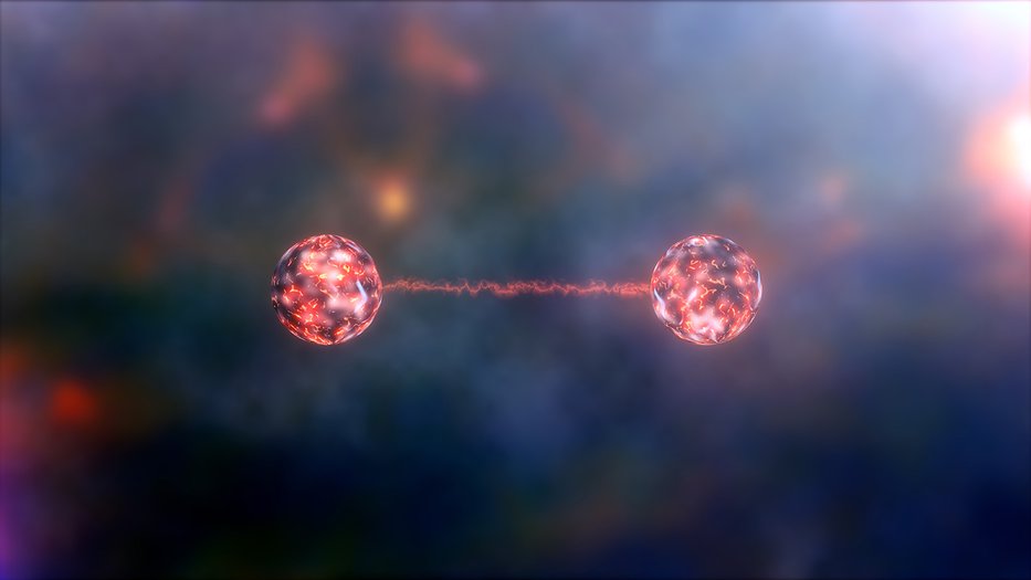 Artist concept of two entangled objects. Two glowing orbs are attached by a string of light.
