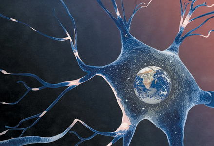 A neuron with branching dendrites resembles cosmic structures, with Earth at its center, symbolizing a connection between the brain, nature, and the universe.