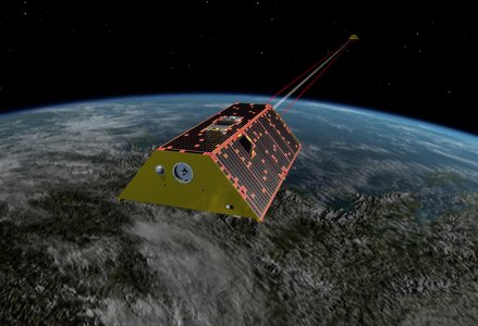 Artist's rendering of twin spacecrafts over Earth with lasers beaming between them