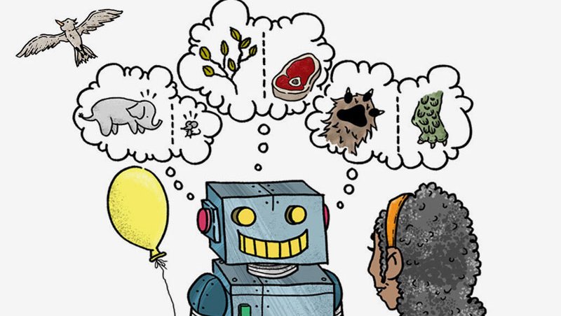 Illustration of a robot holding a balloon and speaking to a human. Robot has thought bubbles showing comparisons of animals, fooods, and paws.