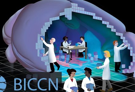 Scientists in lab coats work on a large brain built from pixel-like blocks, assembling its exterior and analyzing its interior data at a table.