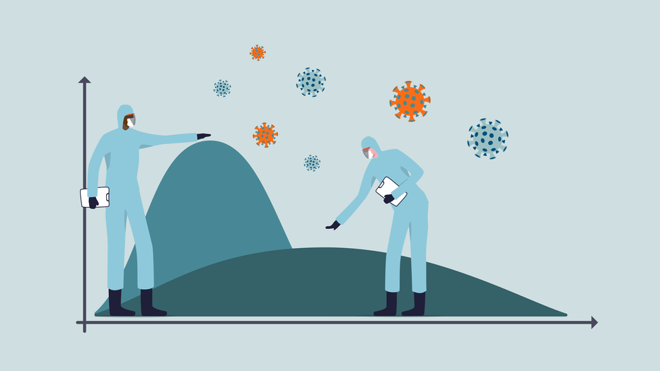 Illustration of a line graph with two people in masks and hazmat suits and coronaviruses