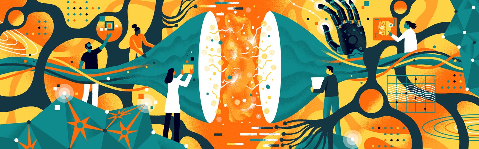 Illustration of interconnected neural networks with vibrant colors, showing humans, robots, and scientists collaborating to analyze data and brain activity.