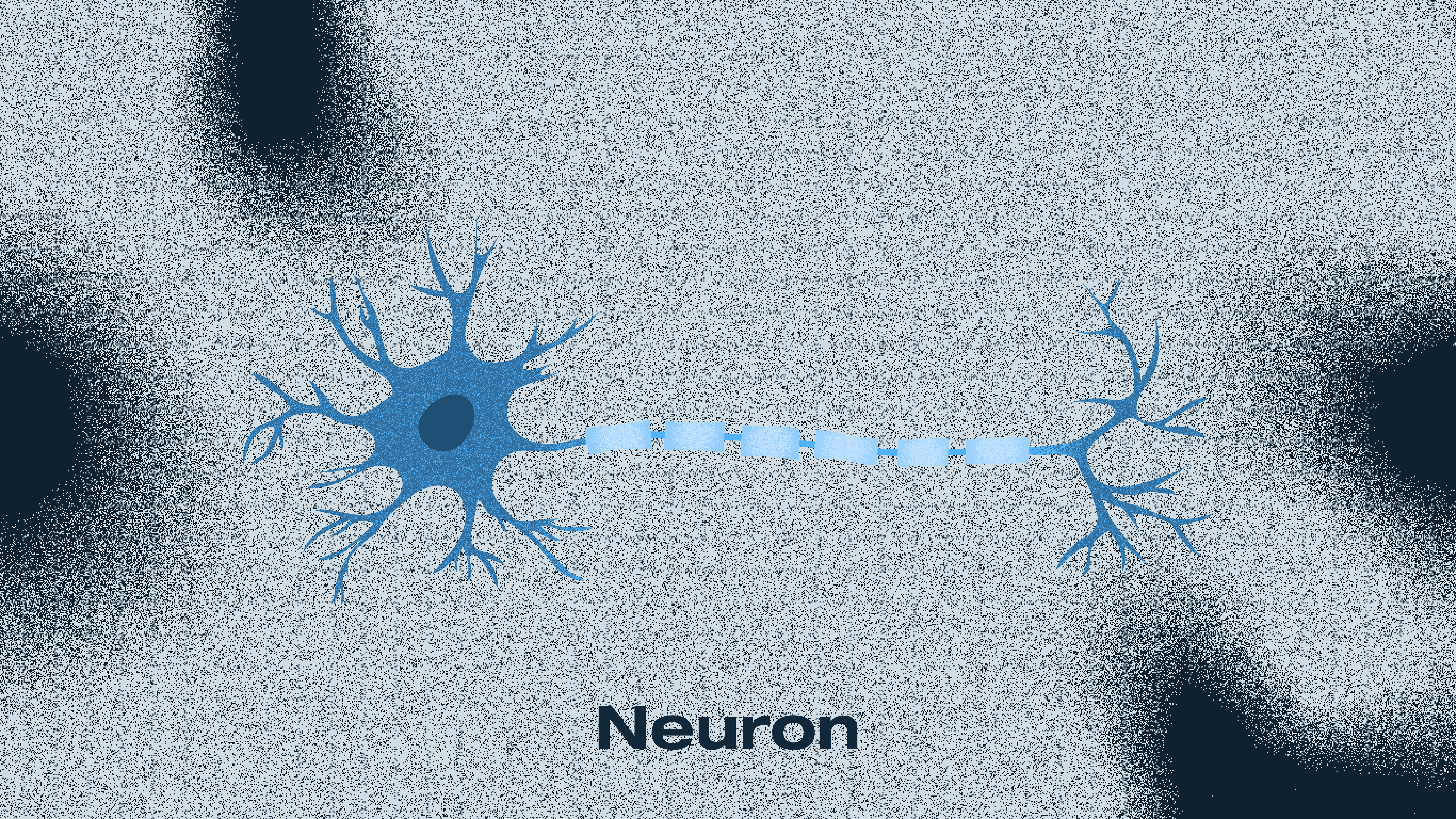 A stylized image of a neuron, displaying a central cell body with branching dendrites and a connected axon. The design uses soft blue tones to illustrate signal transmission, with the axon segments highlighted to depict neural pathways.