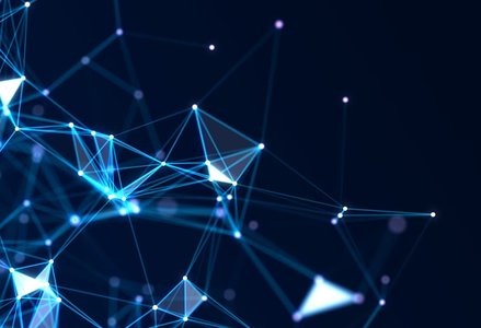 Glowing blue lines and dots form a digital network on a dark background, symbolizing quantum technology.