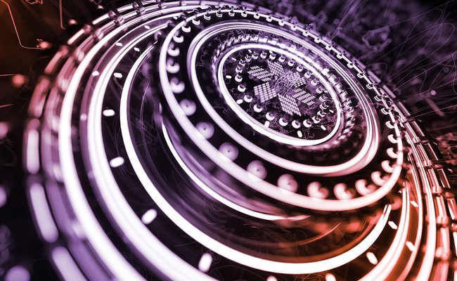 Photo of a quantum computer processor tinted with purple and orange
