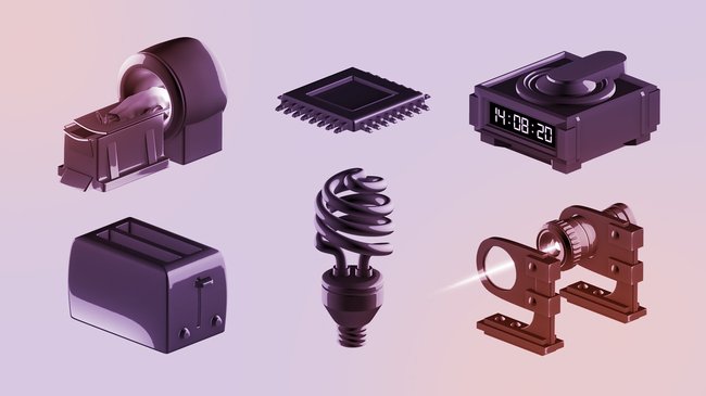Illustration of an MRI machine, semi-conductor, clock, toaster, light bulb, and laser black on tinted purple and orange background