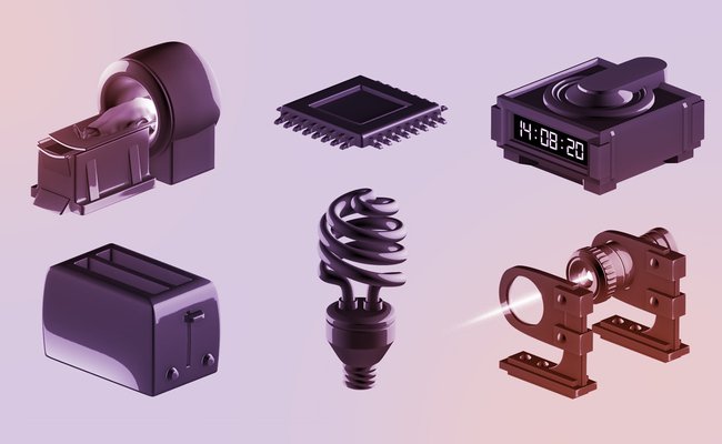 Illustration of an MRI machine, semi-conductor, clock, toaster, light bulb, and laser black on tinted purple and orange background