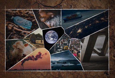 A collage of images including a container ship, a plastic bottle on soil, a cow near wheat, and a picture of the planet Earth