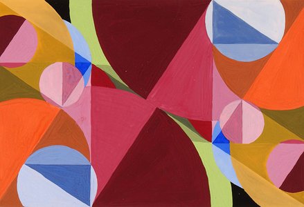 Painting with colorful circles, lines, and triangles overlapping