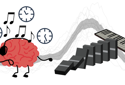 A cartoon brain wearing headphones surrounded by musical notes, dominoes, and a piano keyboard, representing neural responses to rhythm and musical patterns.