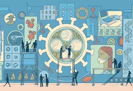 Illustration of researchers working with machinery in shape of coronavirus