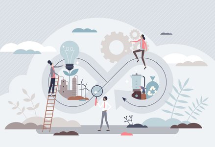 illustration of people working together to create light from plants, wind turbines, gears, and recyclable material