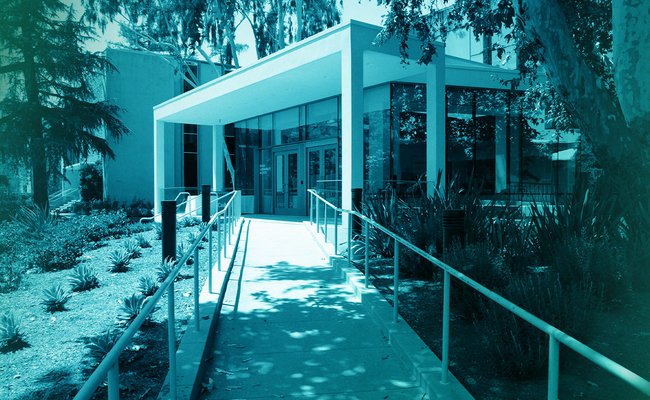 Filtered photograph of the front of a building on Caltech's campus