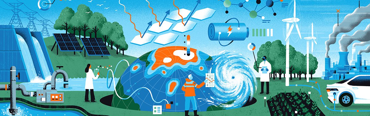 A scene detailing Caltech's scientists researching sustainability