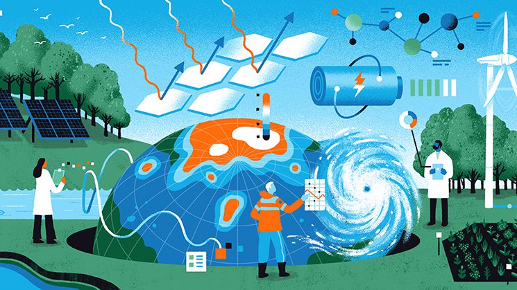 A scene detailing Caltech's scientists researching sustainability