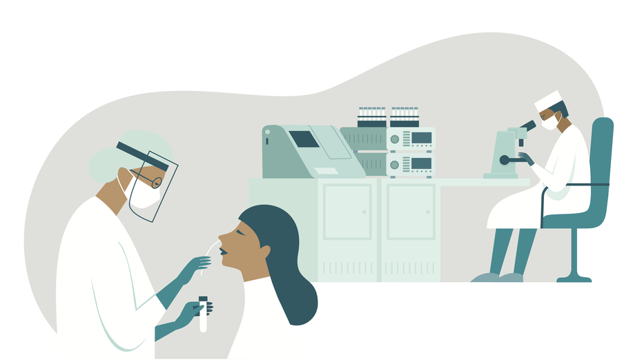 illustration of scientist in a lab sitting in front of a microscope