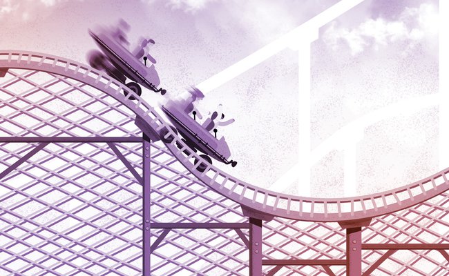Illustration of people riding on a roller coaster with a motion blur, tinted purple and orange background