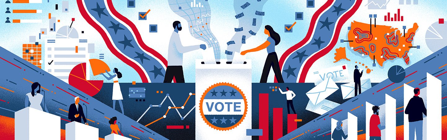Voting, polls, the flag, the ballot box are all in a collage.