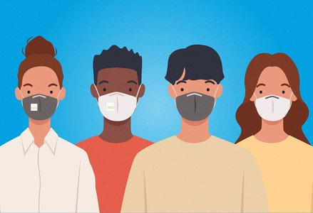 Four people line up with masks