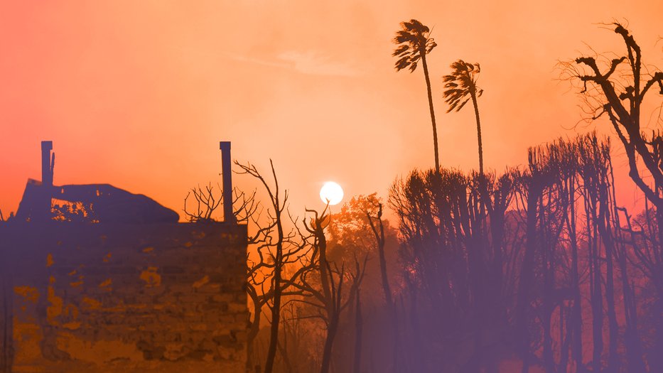 Silhouettes of burnt trees and a damaged building against an orange sky with the sun shining through wildfire smoke