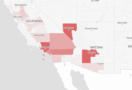 Map of California and Arizona with counties shaded in red and pink