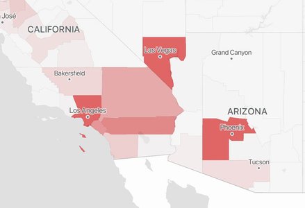 Map of Southern California and Arizona showing areas of higher COVID transmission in darker red