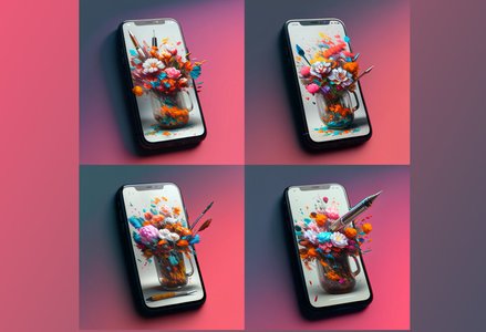 Grid of four repeating similar images of a 3D flower painting coming out of a cell phone screen