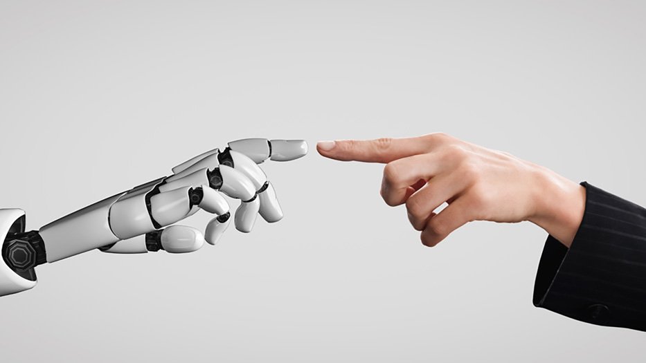 Human hand touching with robot