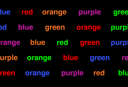 Text showing color names (blue, red, orange, purple, green) written in mismatched colors against a black background, challenging viewers to distinguish the text's meaning from its color.
