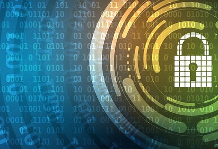 padlock surrounded by concentric circles with a background of 0s and 1s
