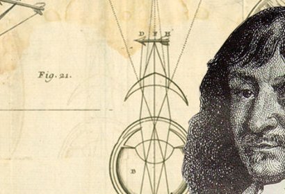 Portrait illustration of philosopher René Descartes in black and white, set against a background of scientific diagrams related to optics and geometric shapes.