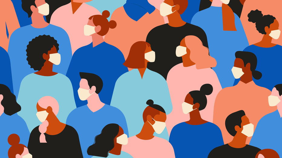 illustration of a group of people different races with face masks on