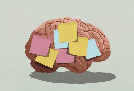 Illustration of a brain with sticky notes (pink, yellow, blue) attached to its surface, symbolizing memory, organization, or cognitive processes. The brain casts a shadow on a neutral background.