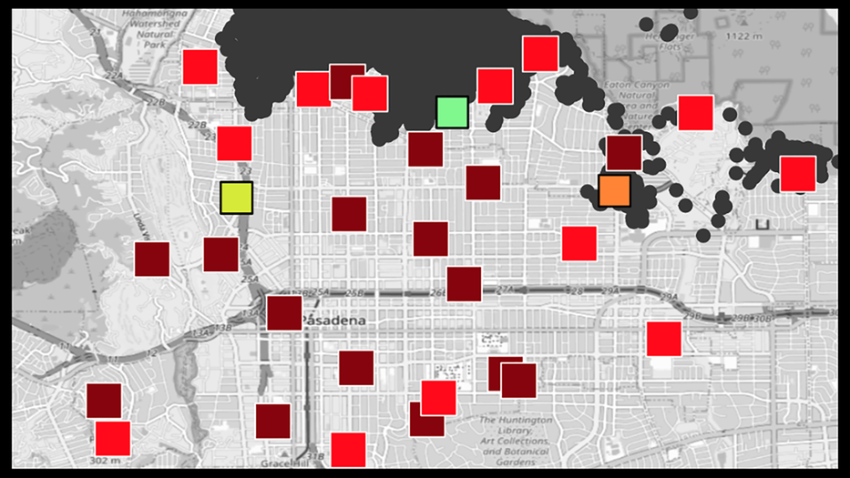 map of the pasadena area showing concentration of lead on outdoor surfaces