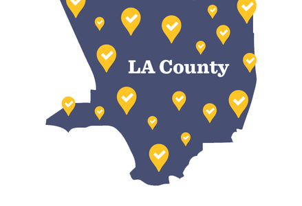 Map outline of LA county with yellow bubbles to denote polling locations