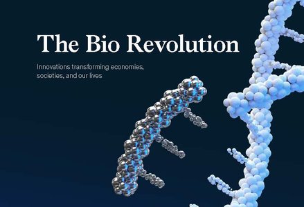 Cover of "The Bio Revolution" report by McKinsey Global Institute, featuring DNA strands and molecular structures on a dark blue background, dated May 2020.