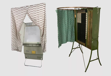 The Shouptronic electronic voting machine (left) debuted in the 1980s, and mimicked the Standard gear-and-lever voting machine of the early 1900s.