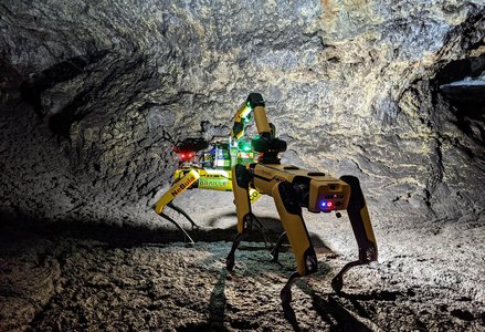 The Boston Dynamics SPOT robot explores a Mars-like cave.
